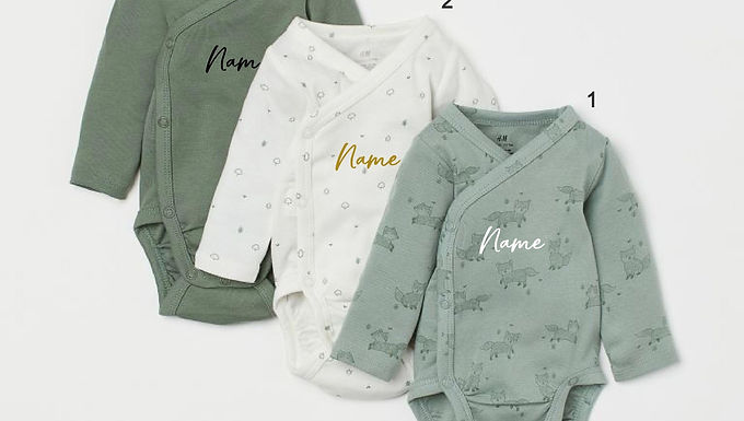 Custom Name on H&M 3-pack long-sleeved bodysuits (0-9mths) - Light Green/Foxes