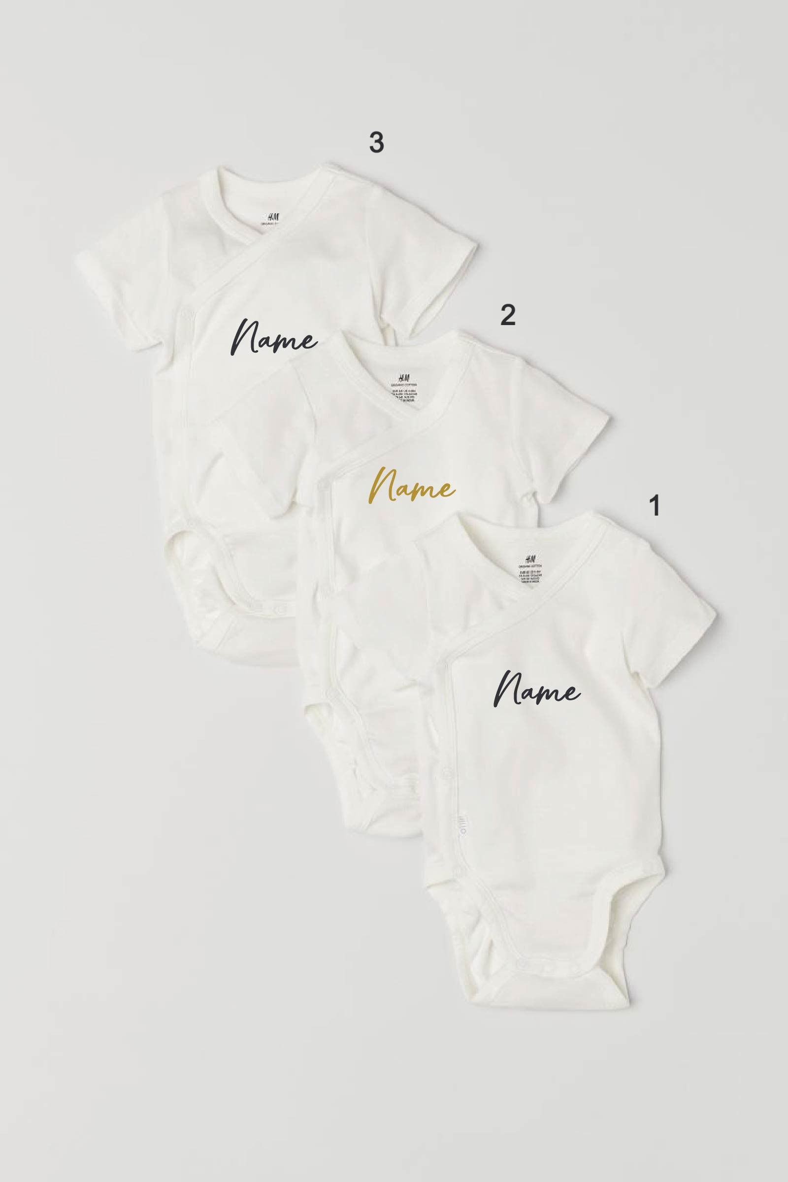 Custom Name on H&M 3-pack wrapover bodysuits - White