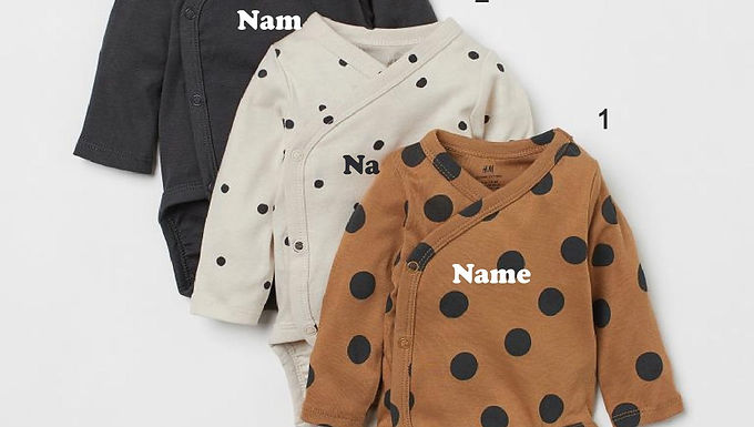 Custom Name on H&M 3-pack long-sleeved bodysuits (0-9mths) - Dark Grey/Spotted