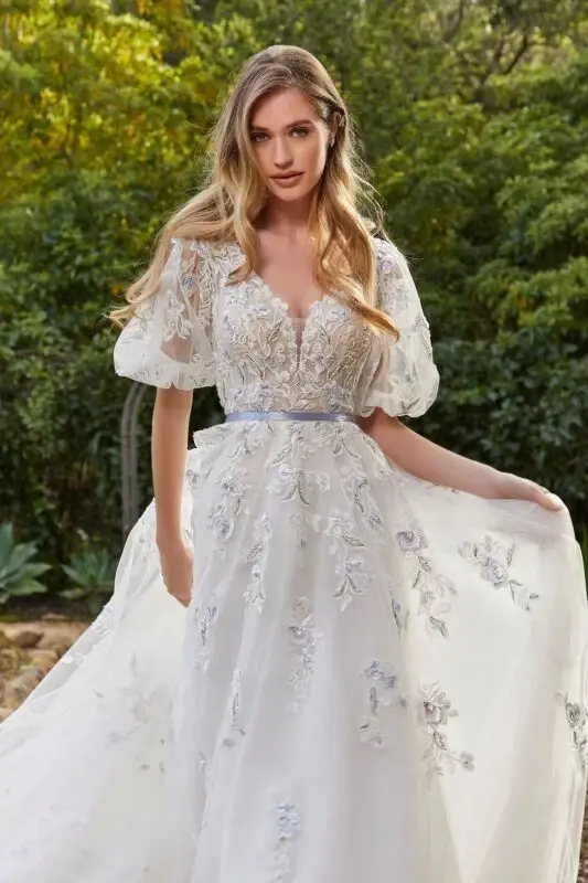 Thumbnail: Mori Lee MALLORY Size 14 Ivory/Blue/Multi NEW!