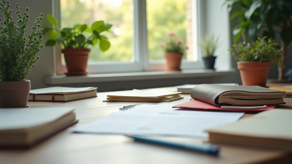 Vue rapprochée d’un bureau créatif avec carnets, crayons et plantes