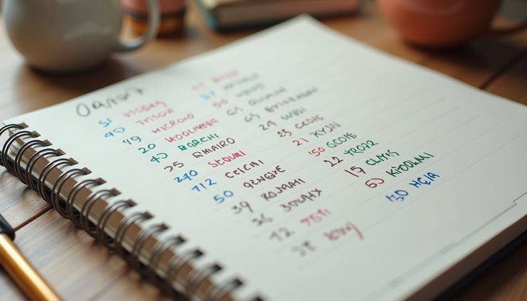 High angle view of a notebook with baby names and numbers written in colorful ink