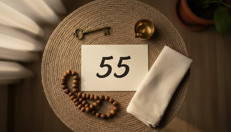 Top-down view of small objects arranged around the number 55