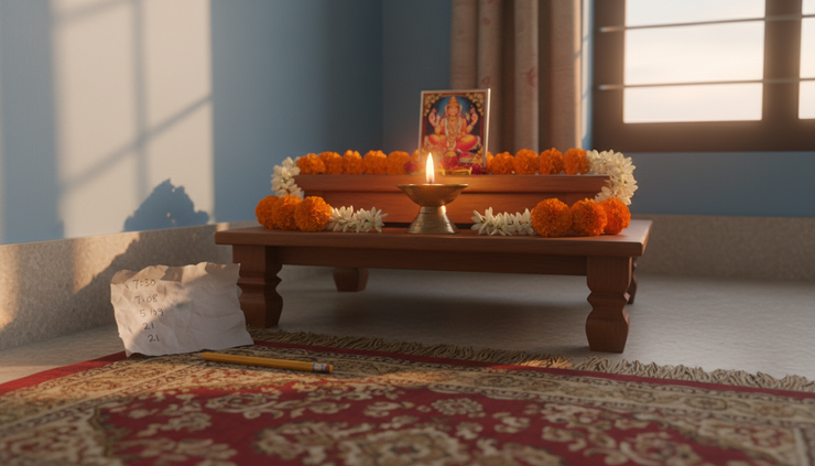 Wide-angle view of a quiet home prayer corner with paper and pencil nearby.