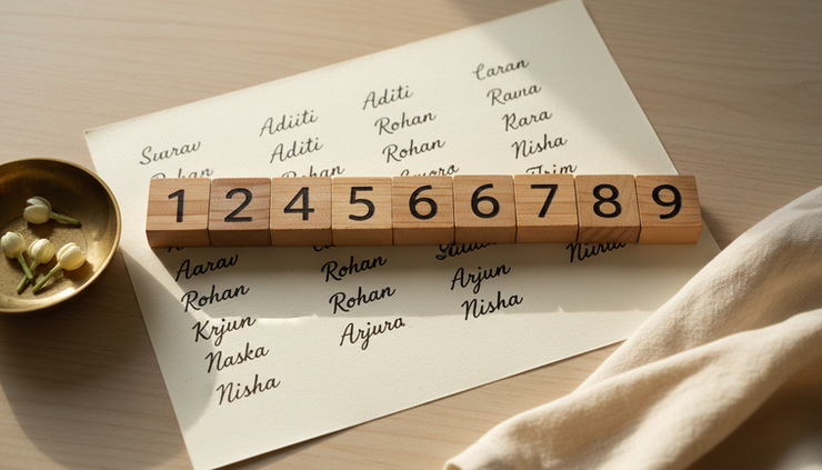 Top-down view of wooden number tiles and handwritten baby name options