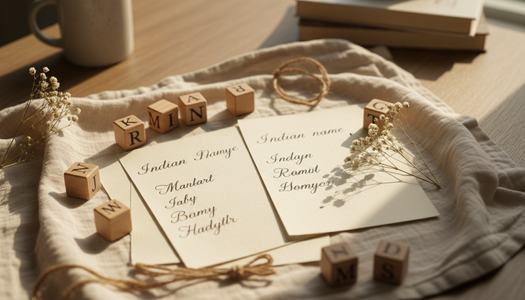 Top-down view of handwritten baby name options arranged with tiny wooden blocks