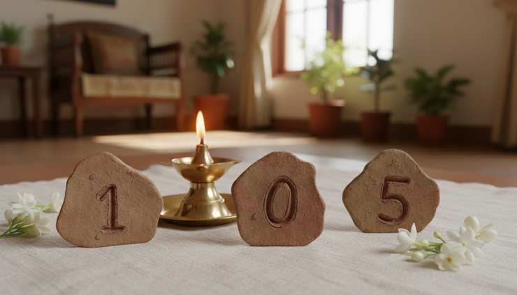 Close-up of clay number tokens marked 1, 0, and 5 beside a small brass lamp.