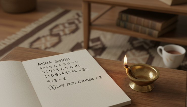 Top-down view of a simple journal page with a name number calculation