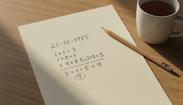 Close-up view of a birth date written beside number calculations