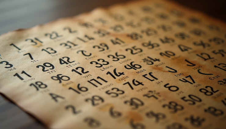 Close-up view of a vintage numerology chart showing letters and numbers