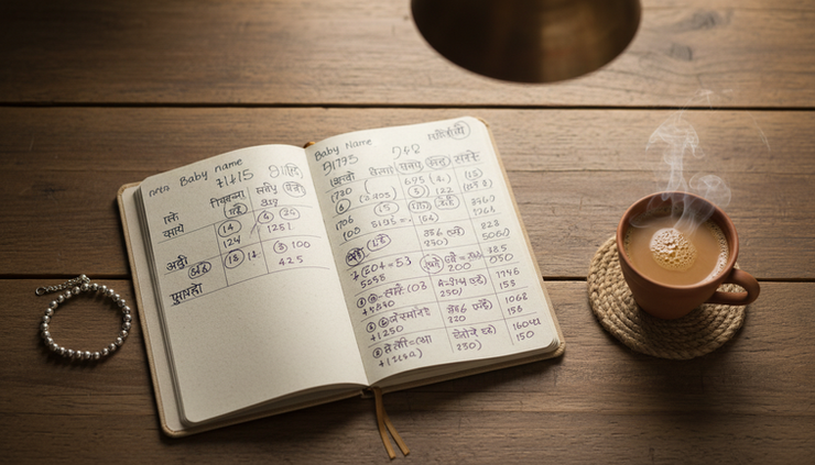 Overhead view of a family notebook showing baby name calculations and a small silver anklet.