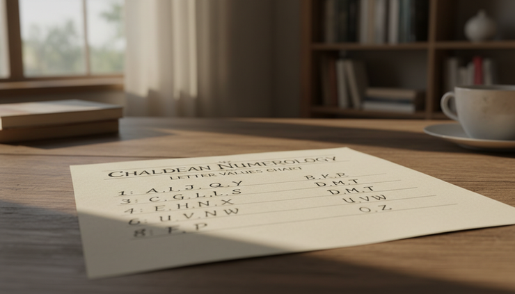 Close-up view of Chaldean number values written beside alphabet letters