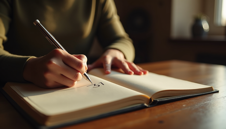Eye-level view of a person writing in a journal with the number 31 highlighted