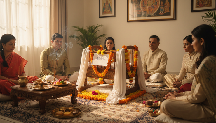 Wide-angle view of a peaceful Indian baby naming setup with a name card near a cradle