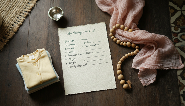Top-down view of a handwritten baby naming checklist with tiny baby clothes.