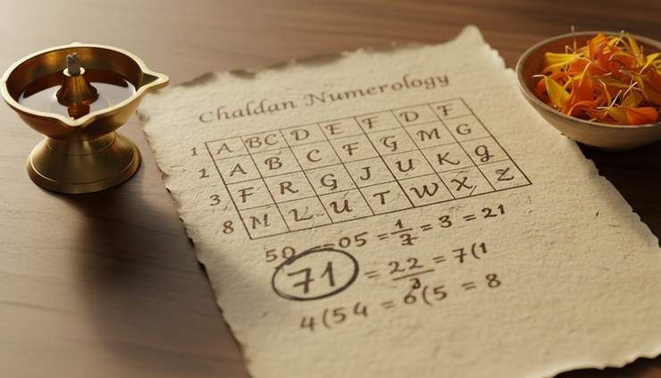 Close-up view of a handwritten numerology chart with the number 71 circled.