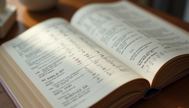 High angle view of a baby name book with numerology notes