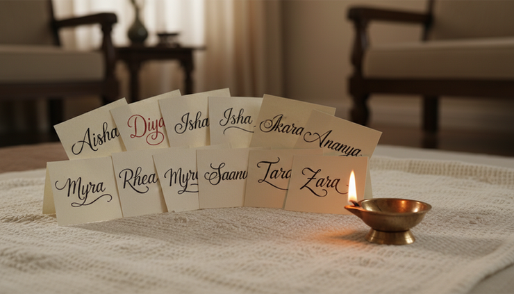 Close-up view of ten handwritten baby name cards placed beside a small brass diya.
