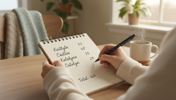 Eye-level view of a person writing alternate name spellings in a notebook