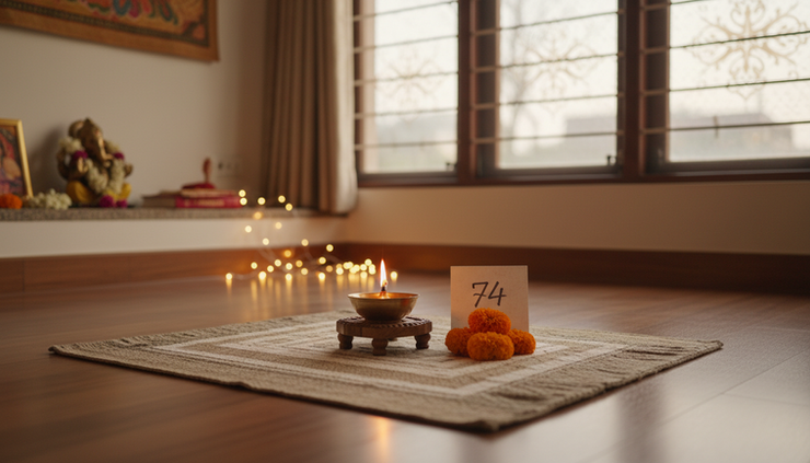 Wide-angle view of a peaceful meditation space with the number 74 written on a small card