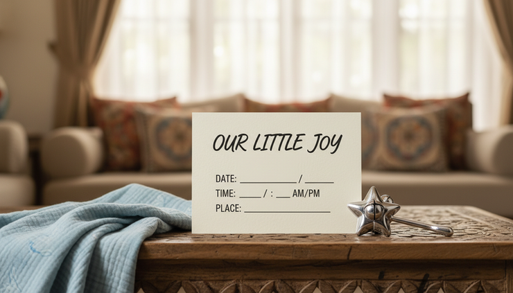 Close-up of a baby birth detail card placed beside a soft cotton blanket
