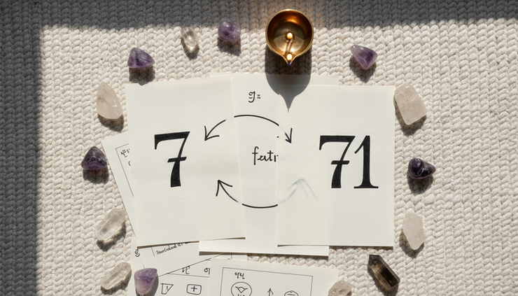 Top-down view of numerology notes with the digits 7 and 1 written separately.