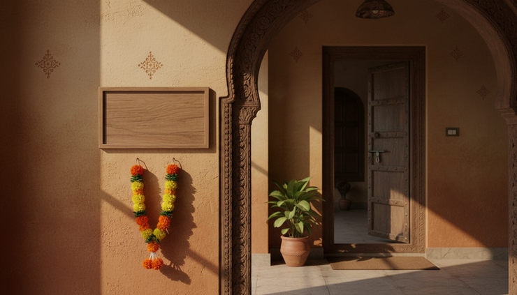 Eye-level view of a home entrance with a blank wooden name plaque.