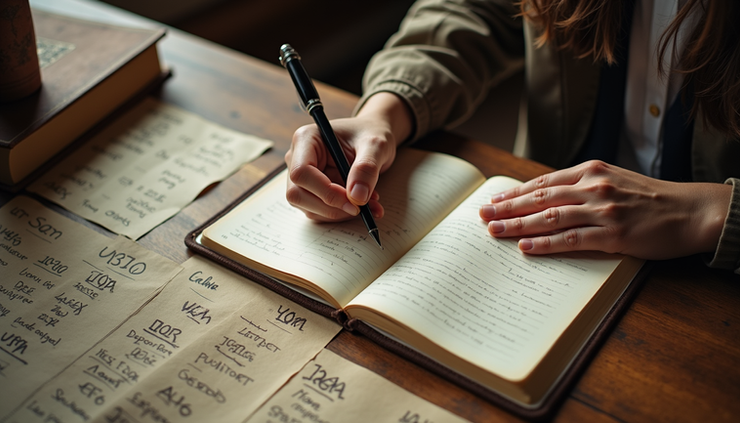 High angle view of a person writing in a journal with numerology charts nearby