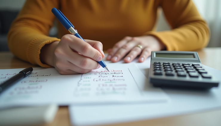 High angle view of a person writing baby names on paper with a calculator nearby