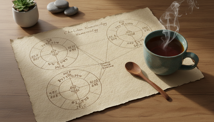 Top-down view of a handwritten numerology chart beside a cup of tea