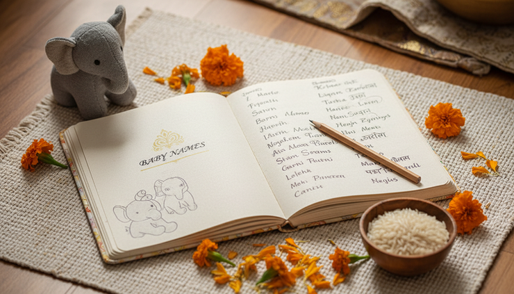 Top-down view of a baby name notebook with a soft toy and traditional Indian naming items