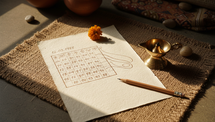 Top-down view of a handwritten numerology chart beside a small brass lamp