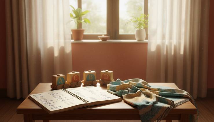 Eye-level view of a baby name notebook beside a tiny blanket