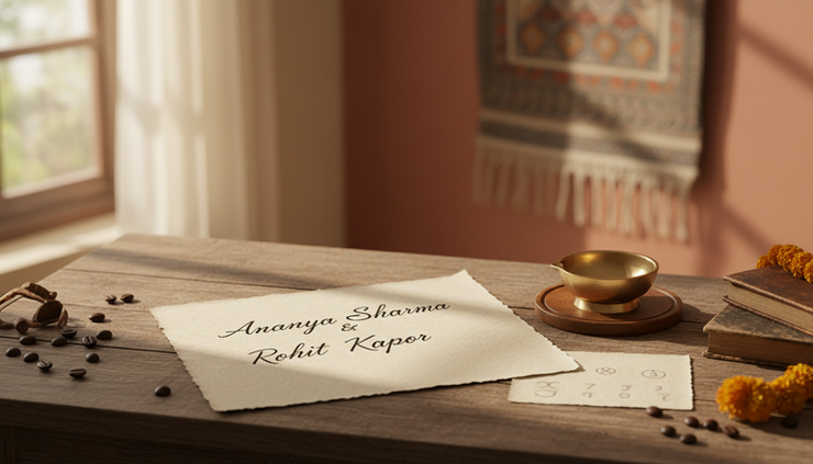 Close-up view of two handwritten names on cream paper beside a brass diya.