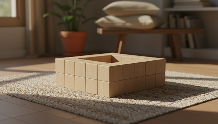 Eye-level view of wooden building blocks arranged into a strong square foundation