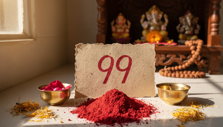 Eye-level view of red kumkum powder and two brass bowls arranged around the number 99