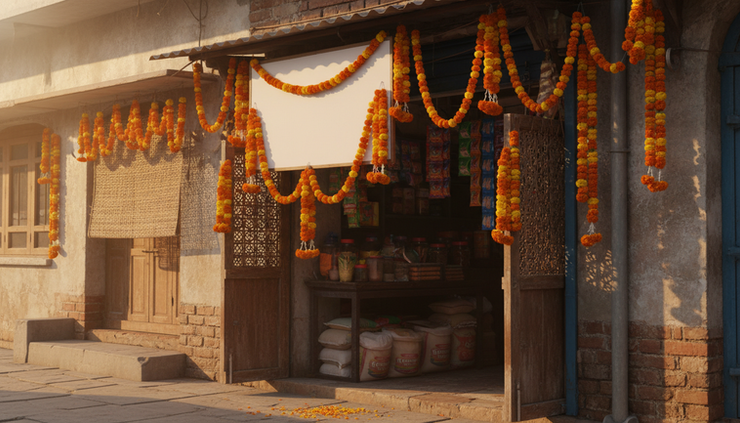 Side view of a small blank storefront sign decorated with fresh marigold flowers.