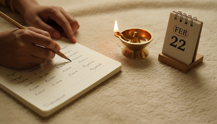 Close-up view of a parent writing baby name options in a notebook