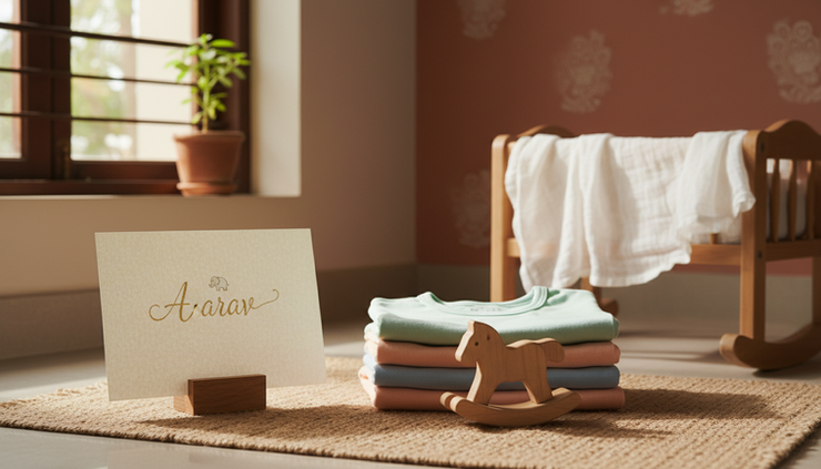 Side-angle view of a name card placed near folded baby clothes and a small toy.
