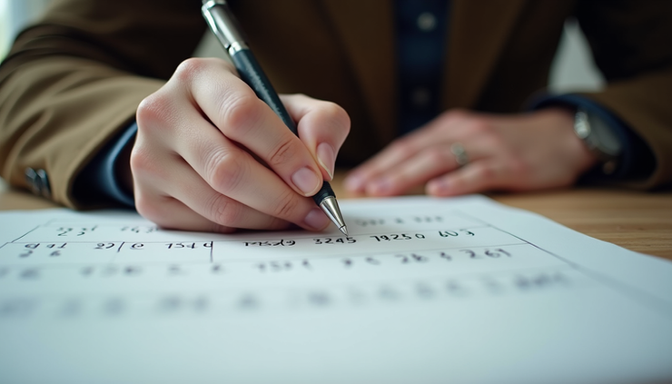Eye-level view of a person writing down numerology calculations on paper