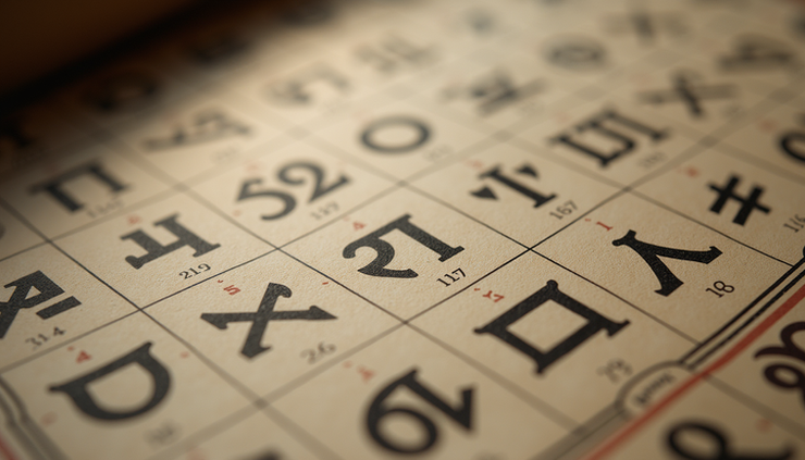 Close-up view of a numerology chart with numbers and letters arranged carefully