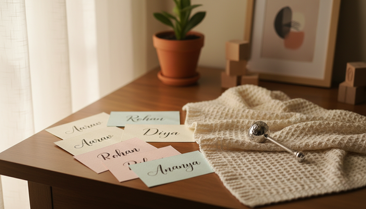 Close-up view of baby name cards placed beside a newborn blanket