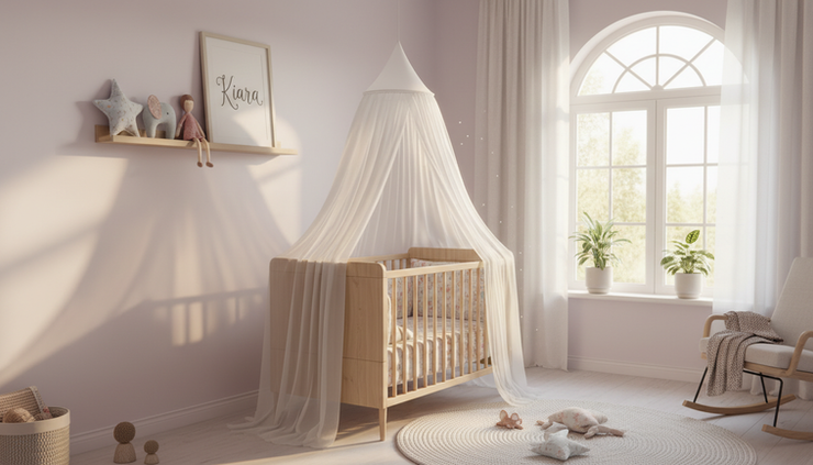 Wide-angle view of a peaceful Indian nursery with a framed baby name card on a shelf.
