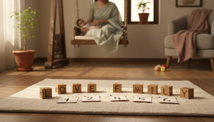 Eye-level view of alphabet blocks arranged with numerology numbers on a soft mat
