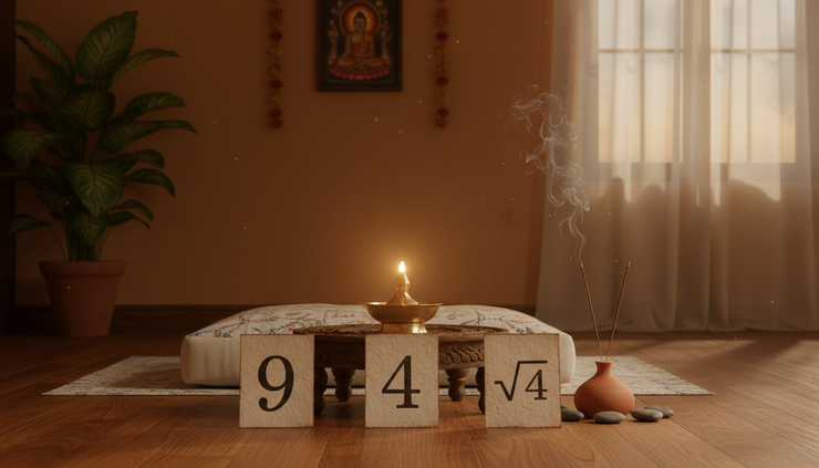 Wide-angle view of a quiet home corner with numbered cards and a glowing lamp