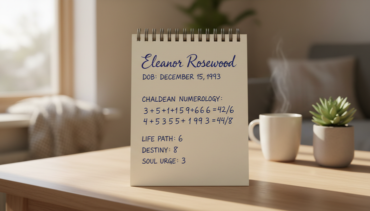 Eye-level view of a handwritten name and date of birth beside numerology numbers