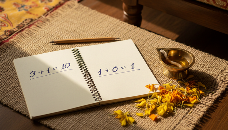 Top-down view of a notebook showing 9 plus 1 equals 10 and 1 plus 0 equals 1.
