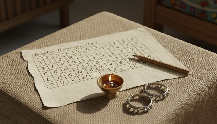 Top-down view of a handwritten Chaldean numerology letter chart