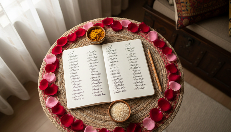Overhead view of a family notebook filled with baby name options
