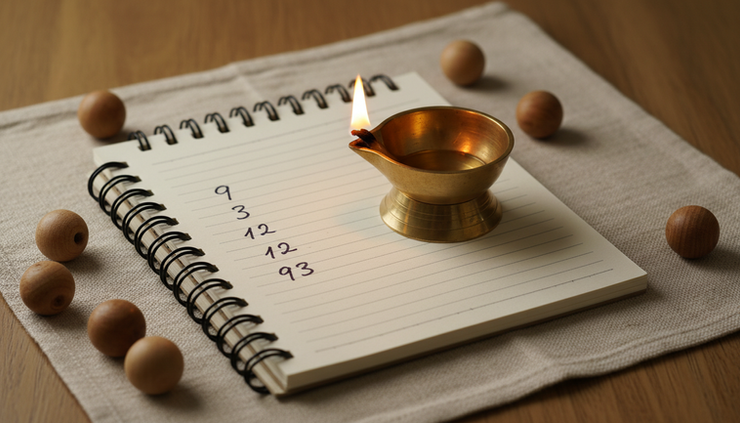 Eye-level view of a brass diya beside a notebook filled with number symbols.